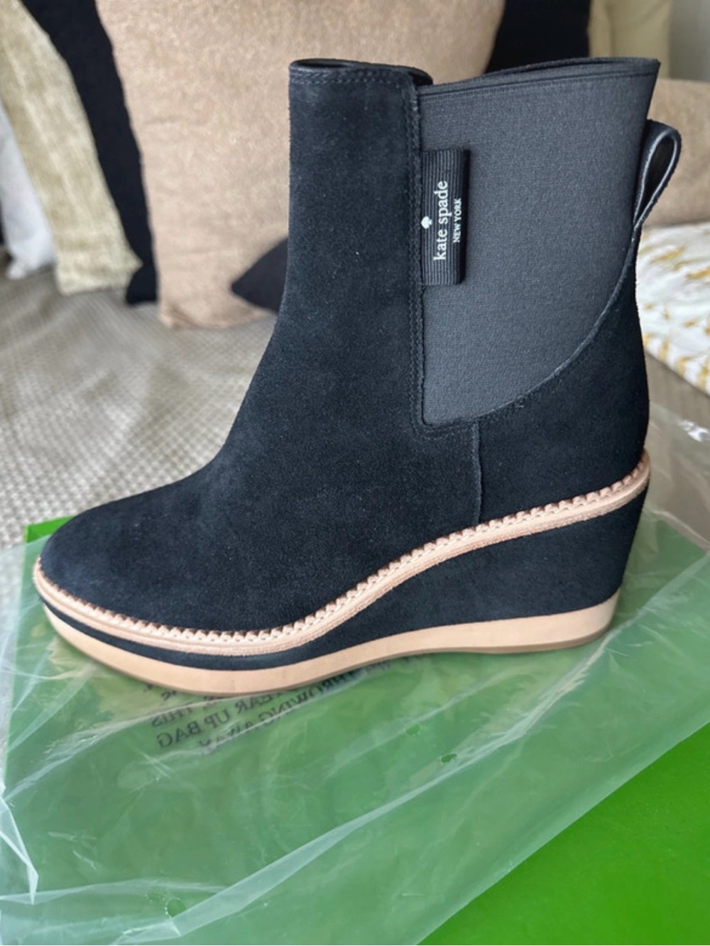 kate spade Black Suede Wedge Ankle Boot with Tan Trim